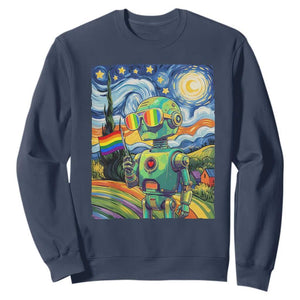 Funny Rainbow Starry Night Robot Pride Sweatshirt LGBTQ Geeky Gift TS12 Navy Print Your Wear