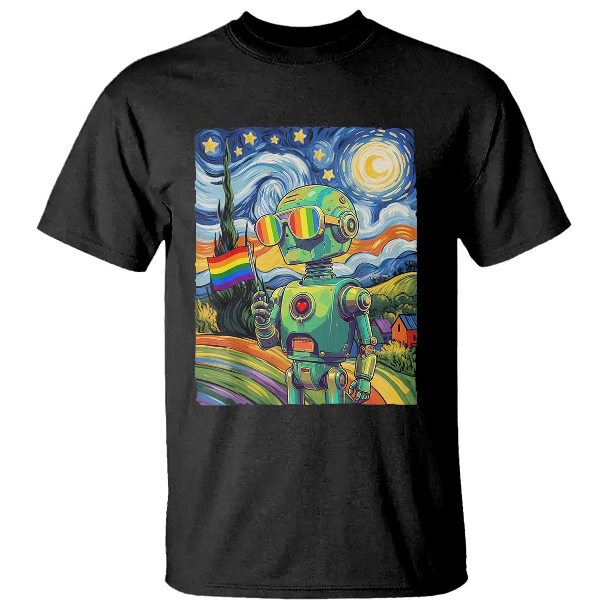 Funny Rainbow Starry Night Robot Pride T Shirt LGBTQ Geeky Gift TS12 Black Print Your Wear