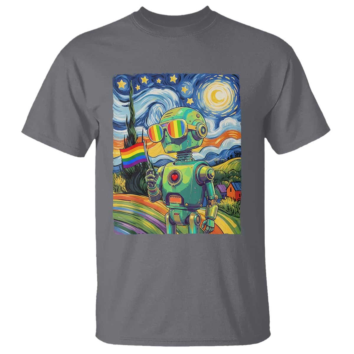 Funny Rainbow Starry Night Robot Pride T Shirt LGBTQ Geeky Gift TS12 Charcoal Print Your Wear