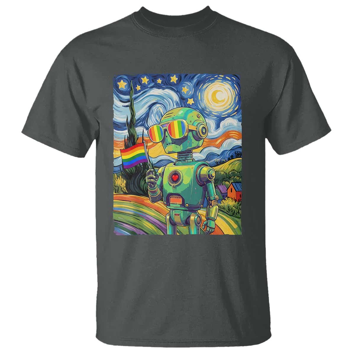 Funny Rainbow Starry Night Robot Pride T Shirt LGBTQ Geeky Gift TS12 Dark Heather Print Your Wear