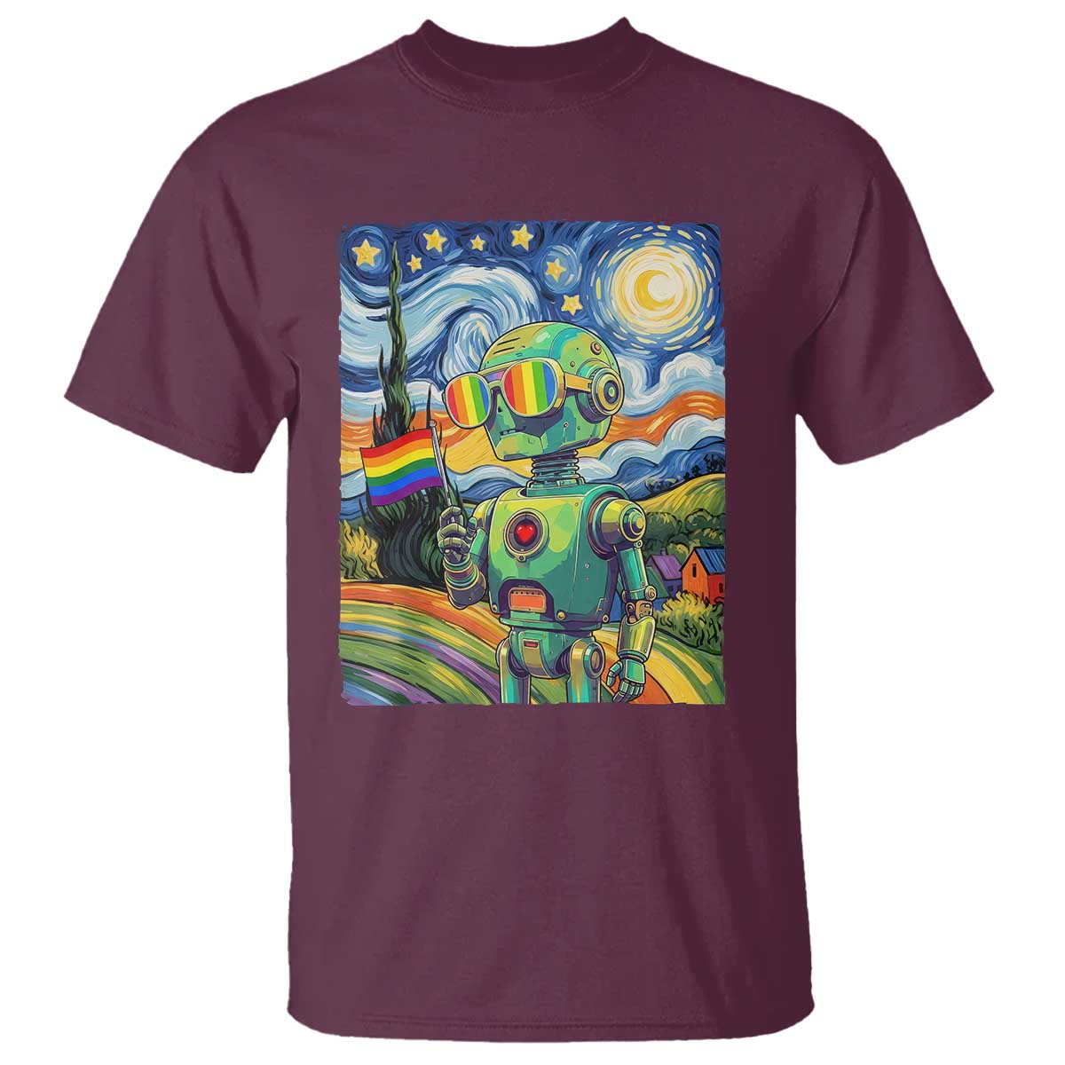 Funny Rainbow Starry Night Robot Pride T Shirt LGBTQ Geeky Gift TS12 Maroon Print Your Wear