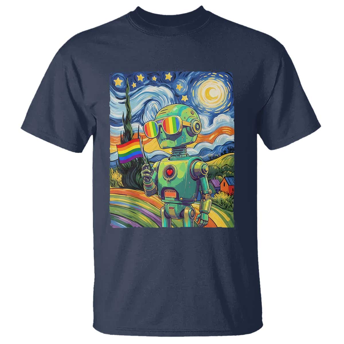 Funny Rainbow Starry Night Robot Pride T Shirt LGBTQ Geeky Gift TS12 Navy Print Your Wear