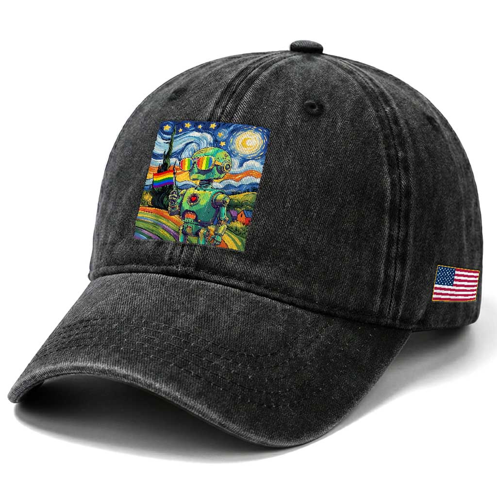 Funny Rainbow Starry Night Robot Pride Washed Cotton Baseball Cap LGBTQ Geeky Gift TS12 Print Your Wear