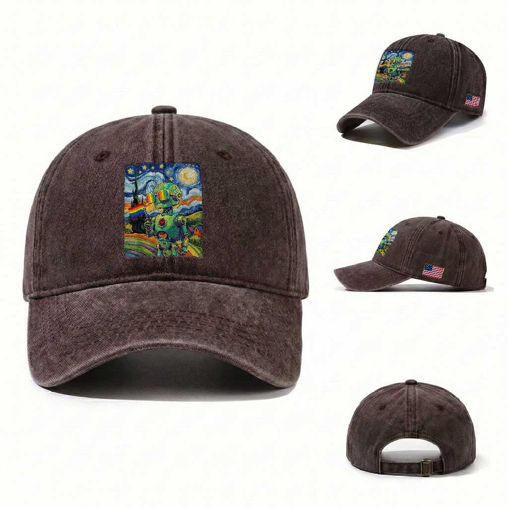 Funny Rainbow Starry Night Robot Pride Washed Cotton Baseball Cap LGBTQ Geeky Gift TS12 Washed Cap Universal Fit Dark Brown Print Your Wear