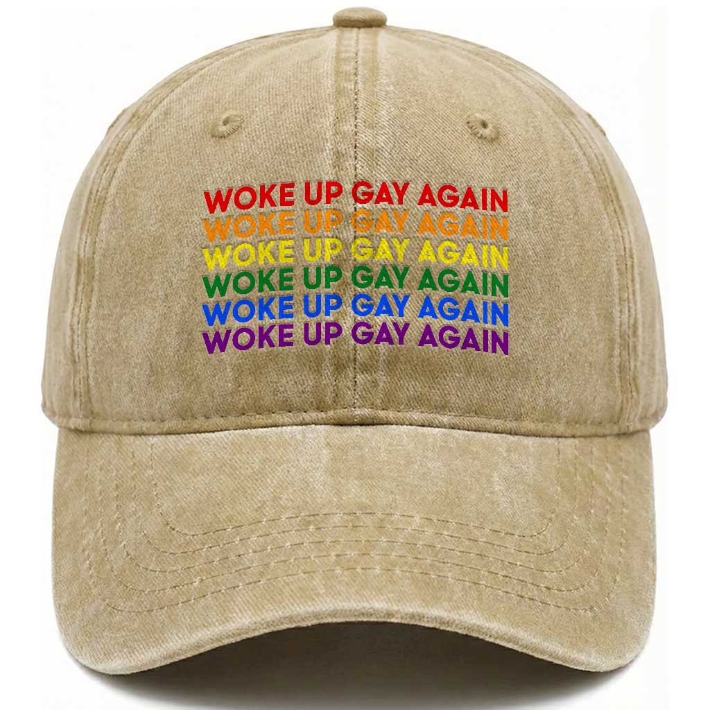 Woke Up Gay Again Washed Cotton Baseball Cap Funny LGBTQ Rainbow Typography TS12 Print Your Wear