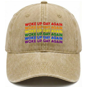 Woke Up Gay Again Washed Cotton Baseball Cap Funny LGBTQ Rainbow Typography TS12 Print Your Wear