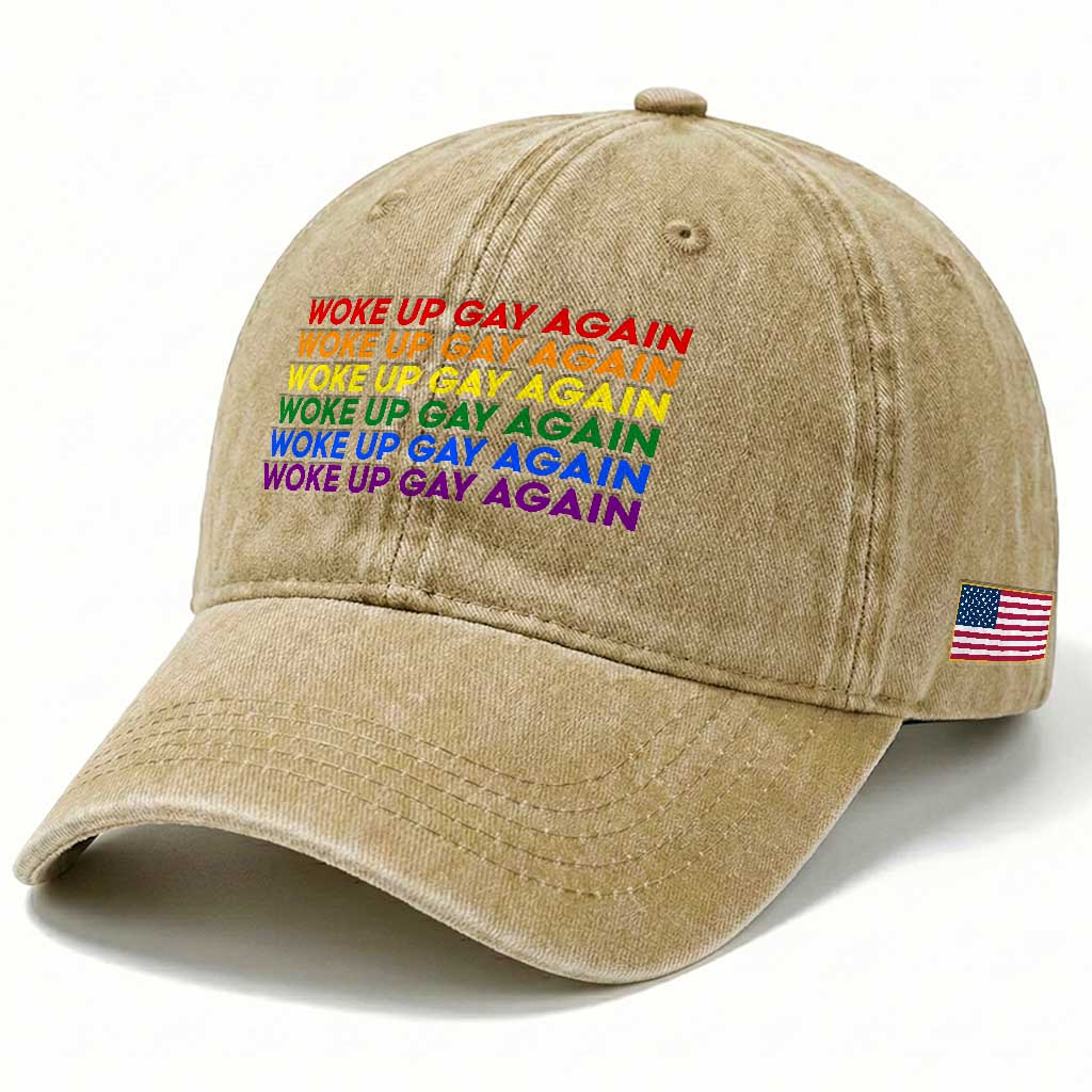 Woke Up Gay Again Washed Cotton Baseball Cap Funny LGBTQ Rainbow Typography TS12 Print Your Wear