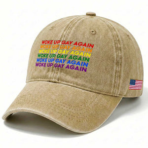 Woke Up Gay Again Washed Cotton Baseball Cap Funny LGBTQ Rainbow Typography TS12 Print Your Wear