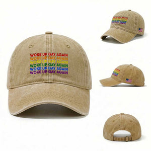 Woke Up Gay Again Washed Cotton Baseball Cap Funny LGBTQ Rainbow Typography TS12 Washed Cap Universal Fit Khaki Print Your Wear
