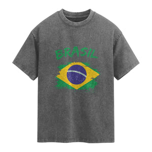 Vintage Brasil Flag Washed Cotton T-Shirt Brazilian Heritage Pride