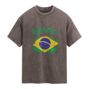 Vintage Brasil Flag Washed Cotton T-Shirt Brazilian Heritage Pride
