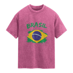 Vintage Brasil Flag Washed Cotton T-Shirt Brazilian Heritage Pride