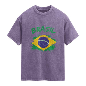 Vintage Brasil Flag Washed Cotton T-Shirt Brazilian Heritage Pride