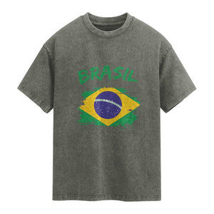Vintage Brasil Flag Washed Cotton T-Shirt Brazilian Heritage Pride
