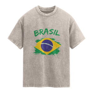Vintage Brasil Flag Washed Cotton T-Shirt Brazilian Heritage Pride