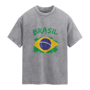 Vintage Brasil Flag Washed Cotton T-Shirt Brazilian Heritage Pride