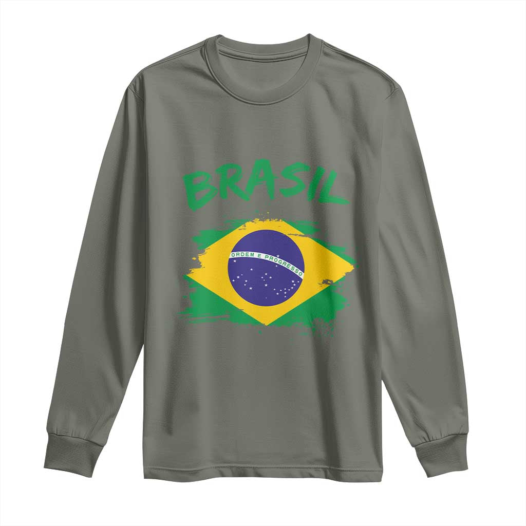 Vintage Brasil Flag Long Sleeve Shirt Brazilian Heritage Pride TS12 Military Green Print Your Wear