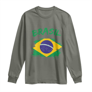 Vintage Brasil Flag Long Sleeve Shirt Brazilian Heritage Pride TS12 Military Green Print Your Wear