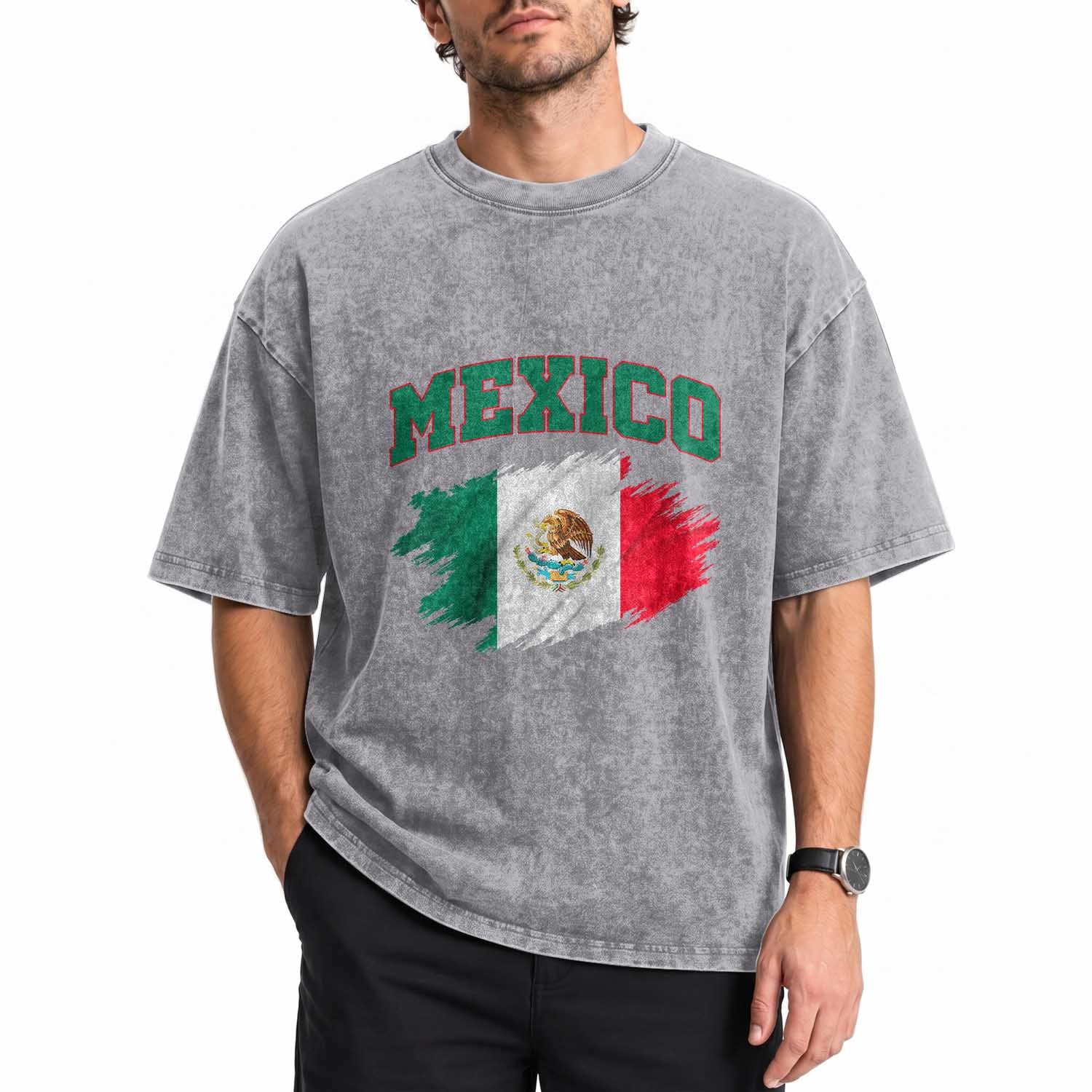 Retro Vintage Mexico Flag Washed Cotton T-Shirt Mexican Pride Gift