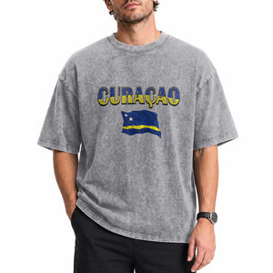 Vintage Curacao Flag Washed Cotton T-Shirt Dutch Caribbean Heritage Gift