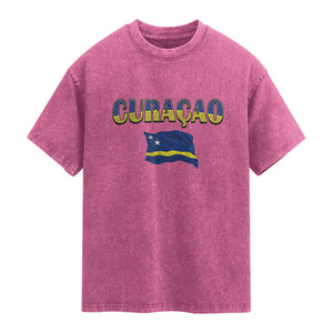 Vintage Curacao Flag Washed Cotton T-Shirt Dutch Caribbean Heritage Gift