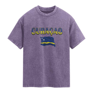 Vintage Curacao Flag Washed Cotton T-Shirt Dutch Caribbean Heritage Gift