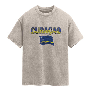 Vintage Curacao Flag Washed Cotton T-Shirt Dutch Caribbean Heritage Gift