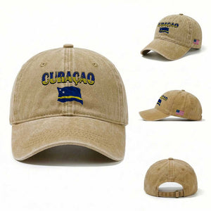 Vintage Curacao Flag Washed Cotton Baseball Cap Dutch Caribbean Heritage Gift TS12 Washed Cap Universal Fit Khaki Print Your Wear