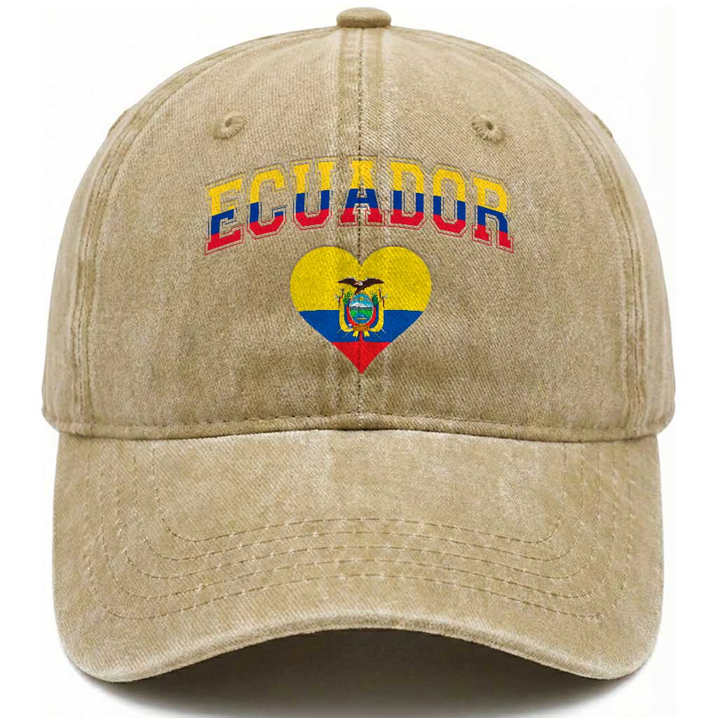 Vintage Ecuador Flag Heart Washed Cotton Baseball Cap Proud Ecuadorian Heritage Gift TS12 Print Your Wear