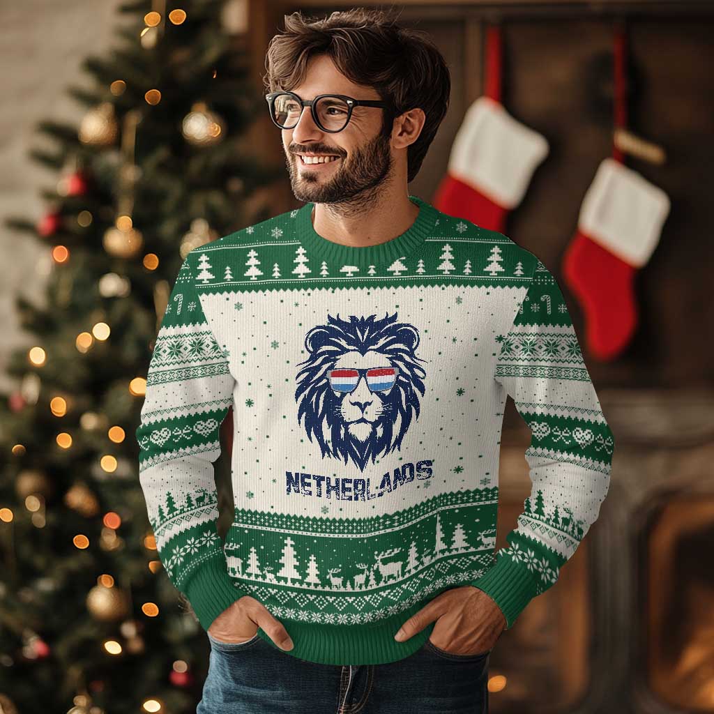 Cool Dutch Lion With Sunglasses Ugly Christmas Sweater Netherlands Pride Gift TS12 Beige Green Print Your Wear