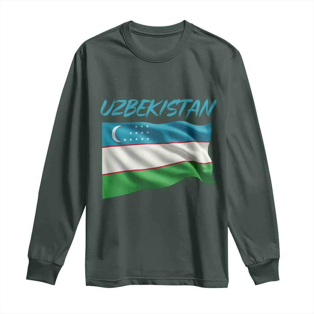 Vintage Uzbekistan Flag Long Sleeve Shirt Proud Uzbek Roots Gift TS12 Dark Forest Green Print Your Wear