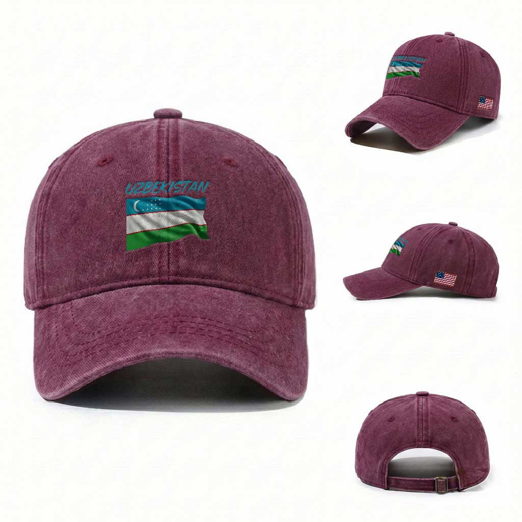 Vintage Uzbekistan Flag Washed Cotton Baseball Cap Proud Uzbek Roots Gift TS12 Washed Cap Universal Fit Burgundy Print Your Wear