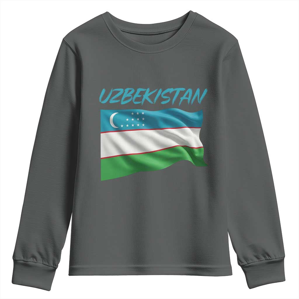 Vintage Uzbekistan Flag Youth Sweatshirt Proud Uzbek Roots Gift TS12 Dark Heather Print Your Wear