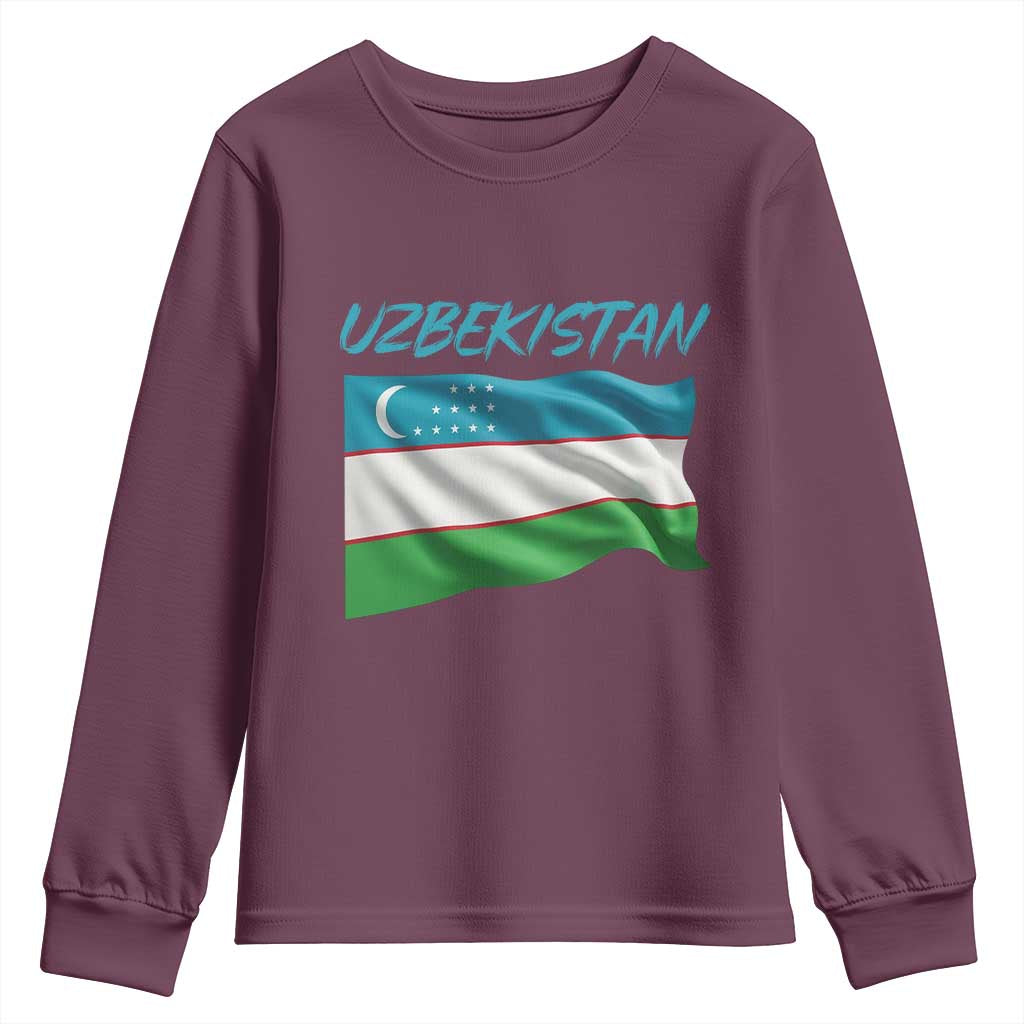 Vintage Uzbekistan Flag Youth Sweatshirt Proud Uzbek Roots Gift TS12 Maroon Print Your Wear