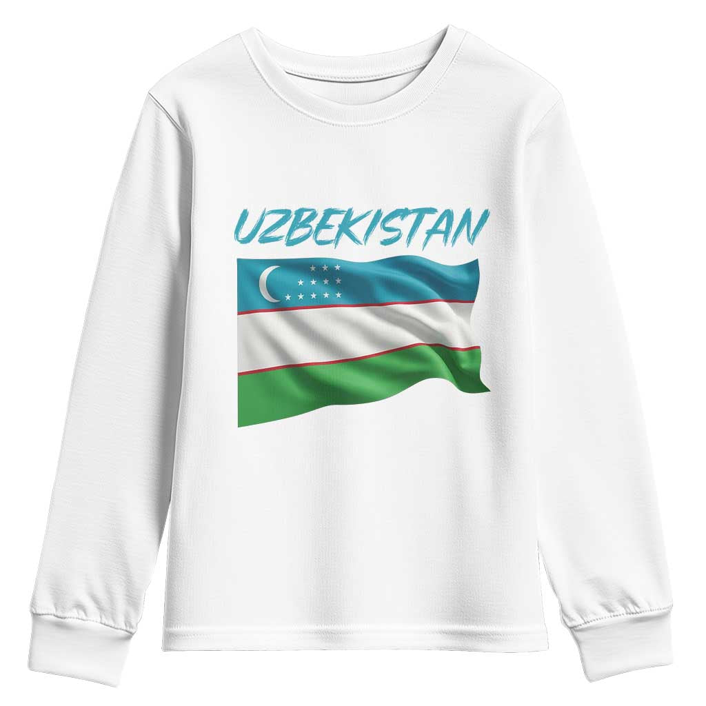 Vintage Uzbekistan Flag Youth Sweatshirt Proud Uzbek Roots Gift TS12 White Print Your Wear