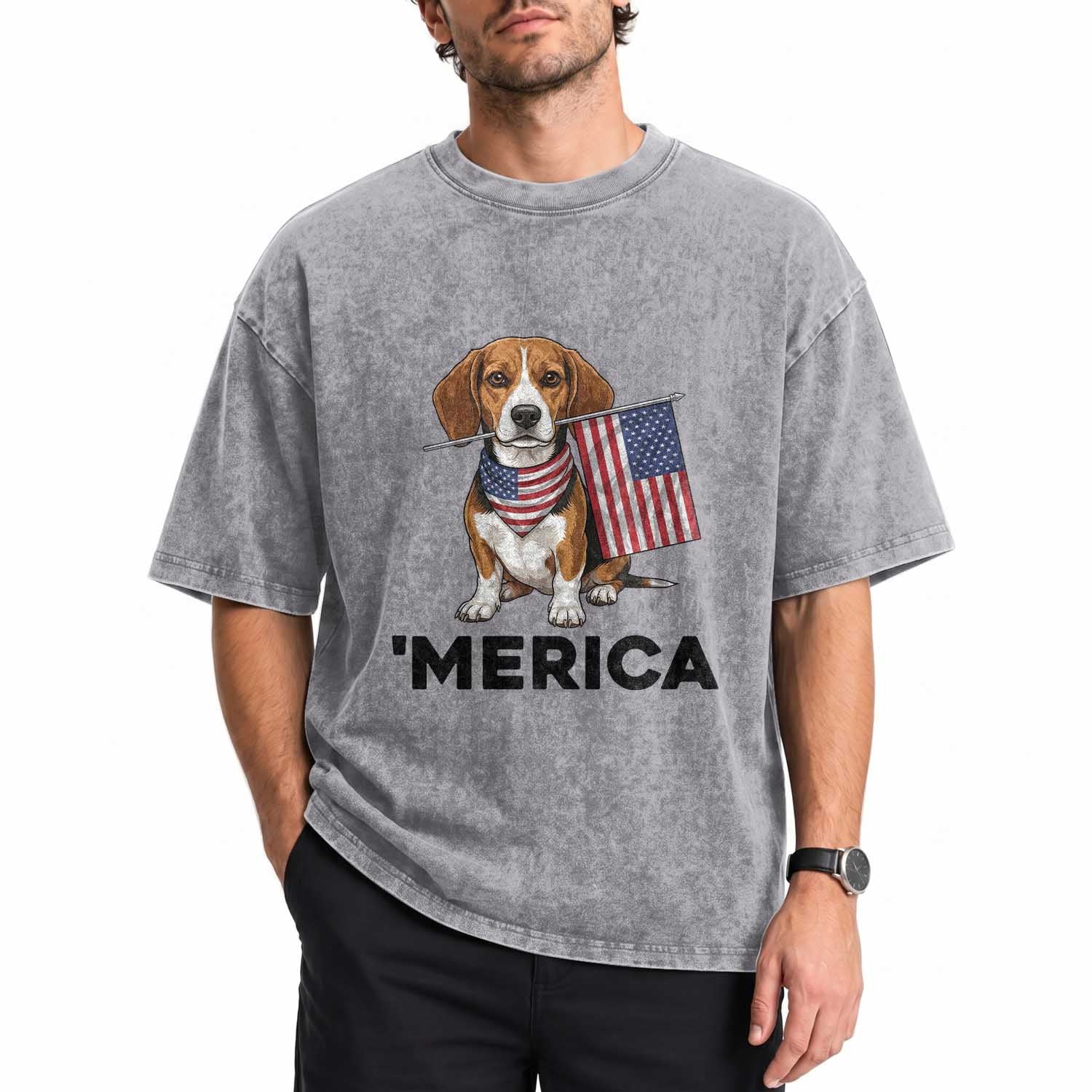 Patriotic Beagle Lover 4th Of July Dog Washed Cotton T-Shirt Merica Pride