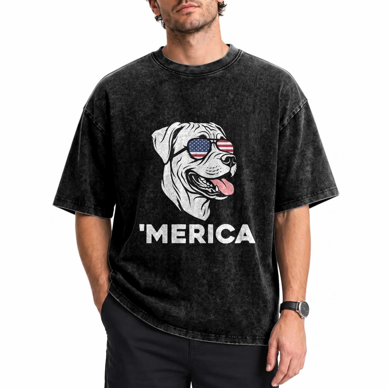 Patriotic Boxer Lover 4th Of July Dog Washed Cotton T-Shirt American Flag Merica Pride