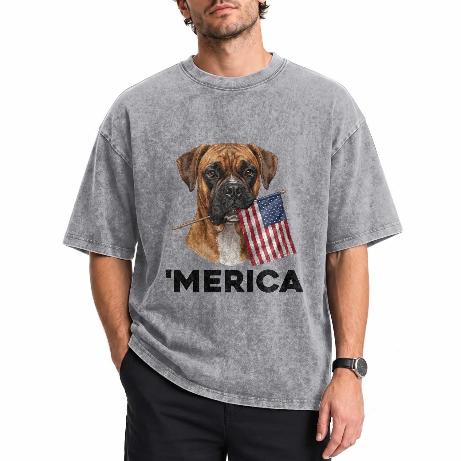 Merica Patriotic Boxer Mom Dad Gift Washed Cotton T-Shirt Merica 4th Of July