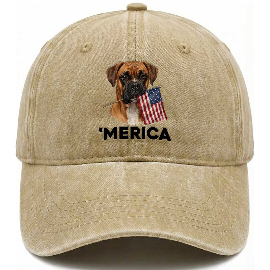 Merica Patriotic Boxer Mom Dad Gift Washed Cotton Baseball Cap Merica 4th Of July TS12 Print Your Wear