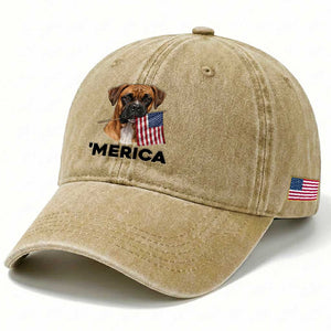 Merica Patriotic Boxer Mom Dad Gift Washed Cotton Baseball Cap Merica 4th Of July TS12 Print Your Wear