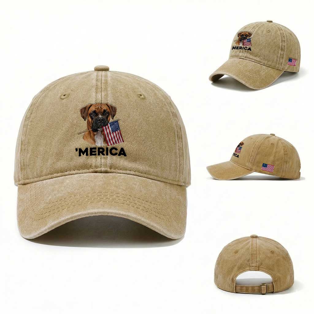 Merica Patriotic Boxer Mom Dad Gift Washed Cotton Baseball Cap Merica 4th Of July TS12 Washed Cap Universal Fit Khaki Print Your Wear