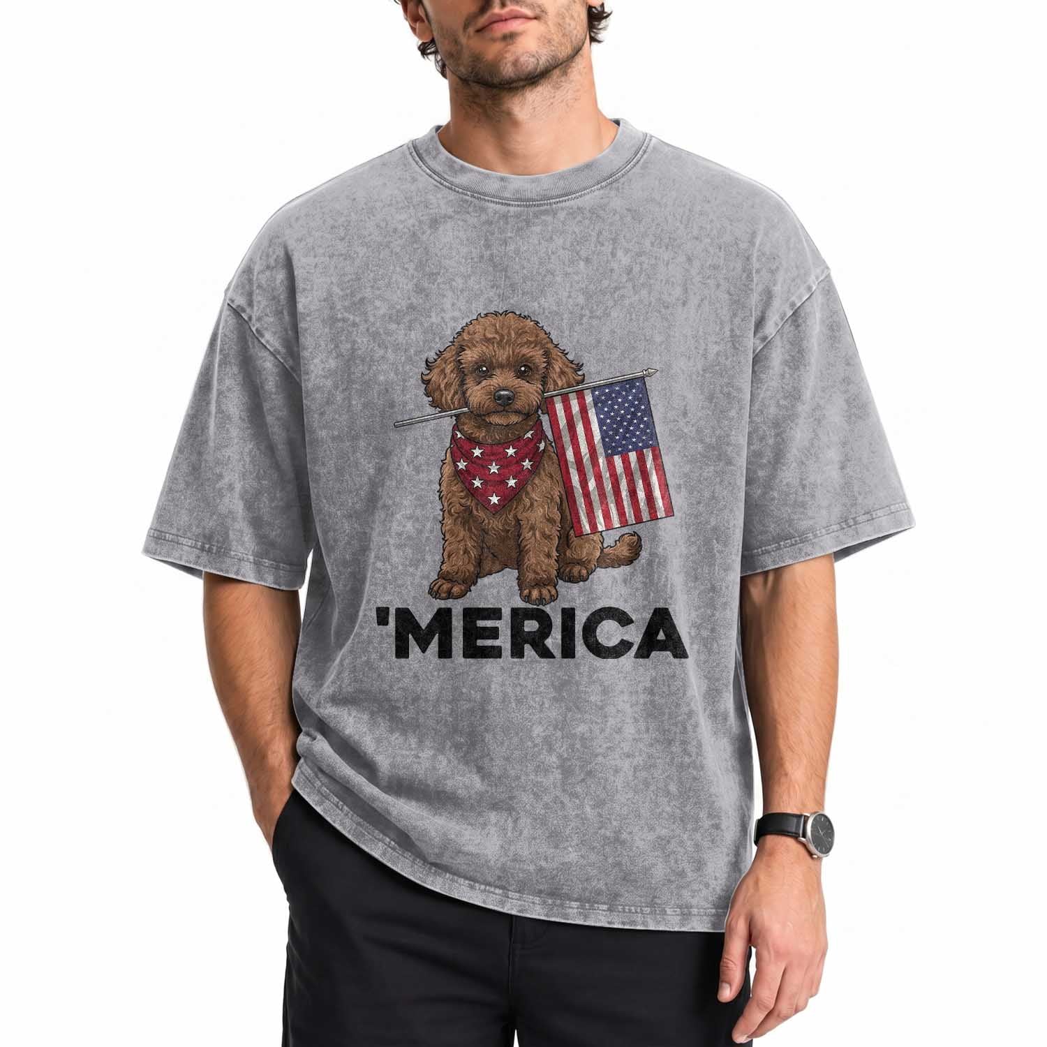Patriotic Poodle Mom Dad Gift Washed Cotton T-Shirt Merica 4th Of July