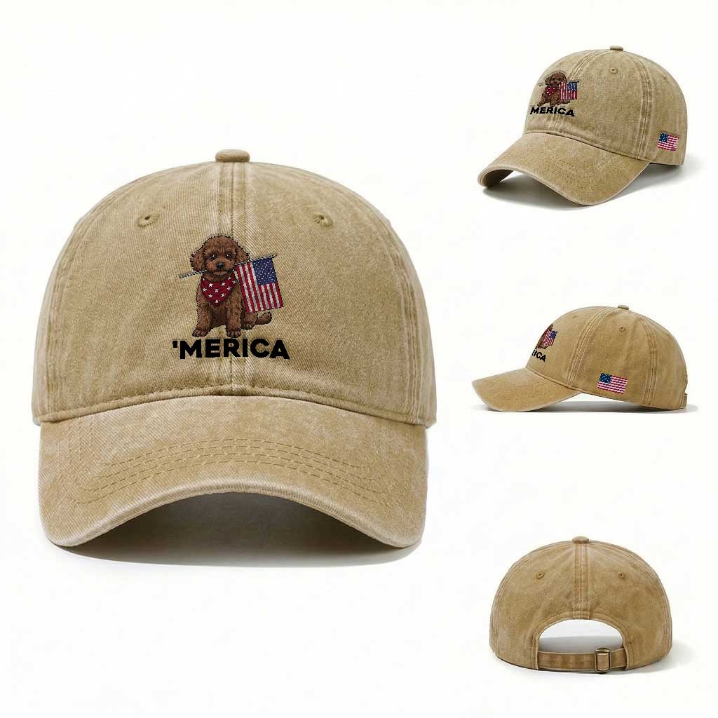 Patriotic Poodle Mom Dad Gift Washed Cotton Baseball Cap Merica 4th Of July TS12 Washed Cap Universal Fit Khaki Print Your Wear