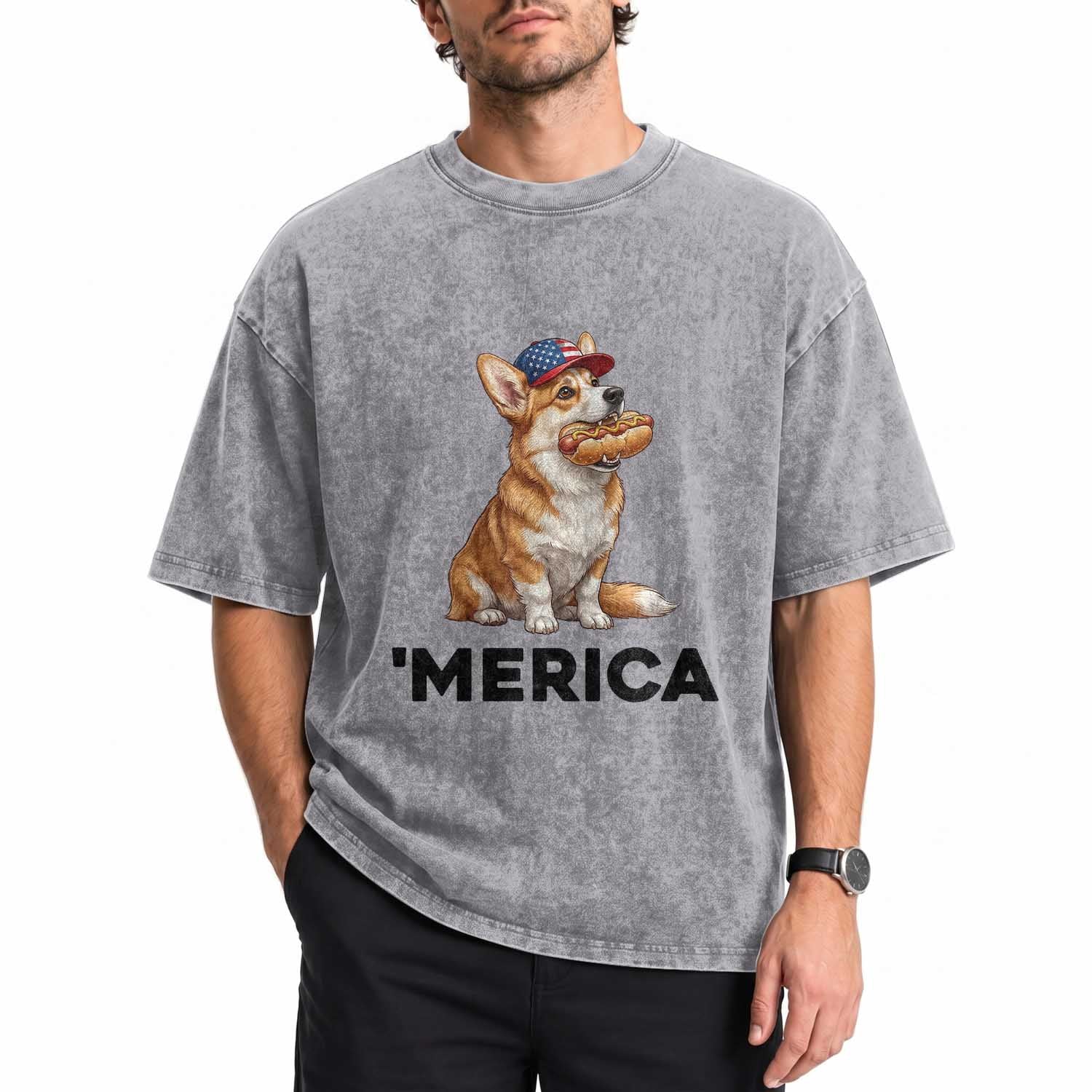 Funny Merica Corgi Lover 4th Of July Washed Cotton T-Shirt Patriotic Dog Gift