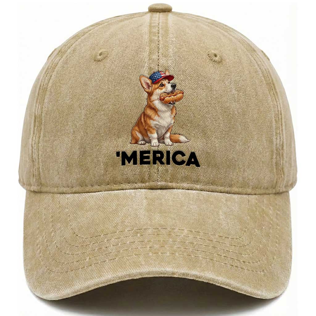 Funny Merica Corgi Lover 4th Of July Washed Cotton Baseball Cap Patriotic Dog Gift TS12 Print Your Wear