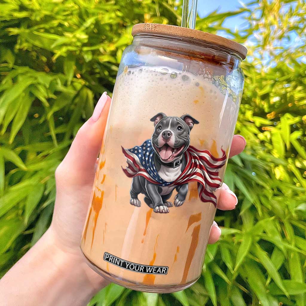 Patriotic Pitbull Dog USA Flag Glass Can 4th Of July Pride TS12 Black Print Your Wear