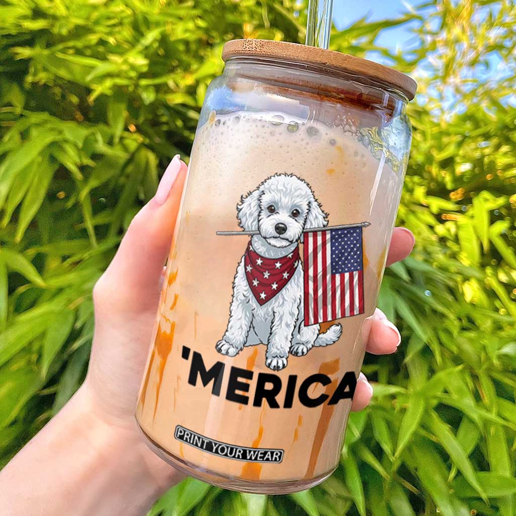 Merica Poodle Mom Dad Patriotic Gift Glass Can 4th Of July Pride TS12 White Print Your Wear