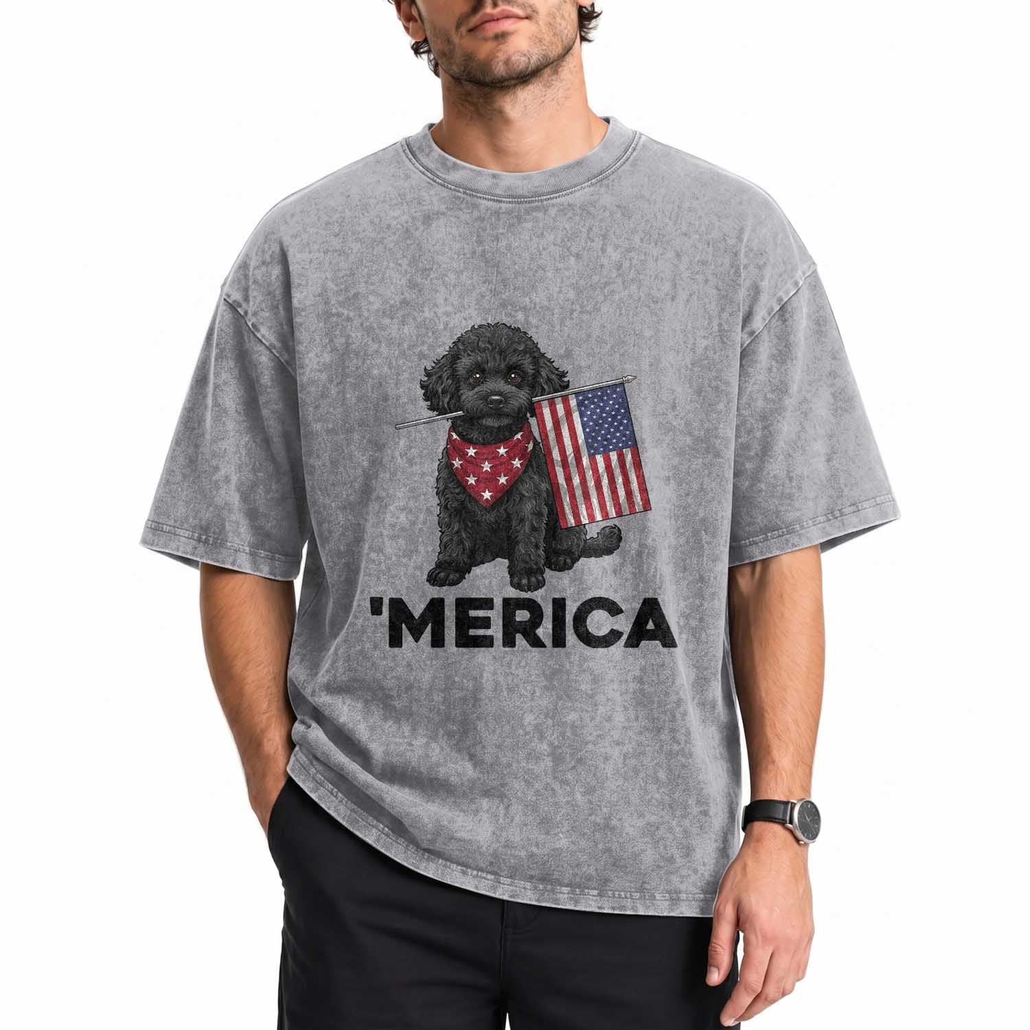 Merica Poodle Dog Lover Gift Washed Cotton T-Shirt Patriotic 4th Of July