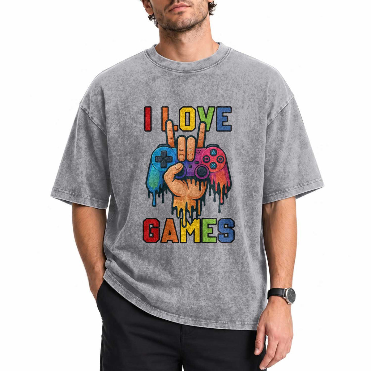 I Love Games Colorful Gamer Controller Gift Washed Cotton T-Shirt