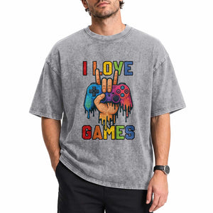 I Love Games Colorful Gamer Controller Gift Washed Cotton T-Shirt